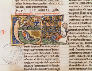 Ms 21 Fol.163v Történelmi kezdetű E, amely Jónást a tengerbe dobását ábrázolja, egy meghatározatlan bibliából