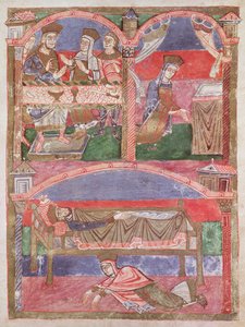 Ms 250 f.24r St. Radegund (518-87) I. Clothar (497-561) asztalánál, oratóriumában és a királyi ágy lábánál, Szent Radegund életéből alkotó: French School