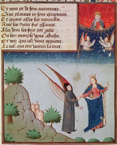 Ms 3045 fol.94r Lady Philosophy repülés közben az ég felé vezeti Boethiust a neki adott szárnyakon; Az Atya Isten áldással néz alkotó: French School