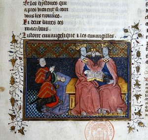 Ms 312 A Szentháromság és az adományozó térdelő alakja, miniatűr Guyart des Moulins Bibliatörténetéből (vellum) alkotó: French School