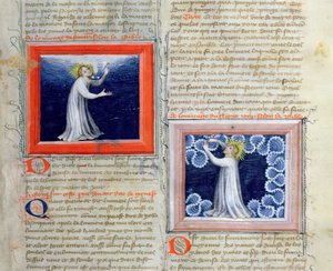 Ms 313 Isten elválasztja a fényt a sötétségtől (bal oldalon) és megteremti az égboltot (jobb oldalon), a Bible des Grands Augustins, 1494