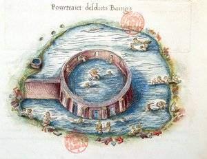 Ms 3242 The Baths of Bourbon-Lancy, illusztráció a Generale Description du Bourbonnais-ból, Nicolas de Nicolay, 1569 (wc papíron) alkotó: French School