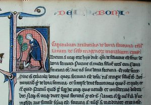 Ms 3458 Történelmi "H" kezdőbetű, amely egy ásó embert ábrázol, Arisztotelész (Kr. e. 384-322) "Fizika" című művéből (toll, tinta és tempera pergamen) alkotó: French School