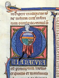 Ms 3469 Filozófus, aki egy földgömböt tart a négy elemmel, Arisztotelész (Kr. e. 384-322) fizikájából (toll, tinta és tempera pergamen) alkotó: French School