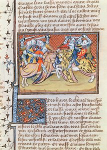 Ms 3479 t.1 fol.539 Amikor a lovak összecsapnak, a Livre de Messire Lancelot du Lacból alkotó: French School