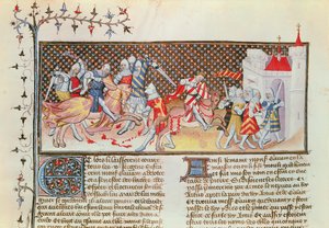 Ms 3479 t.1 fol.558 Lovagok harcának jelenete, a Livre de Messire Lancelot du Lacból alkotó: French School