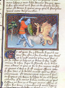 Ms 3480 Yvain, a lovag az oroszlánnal, harc egy sárkánnyal, miniatűr Roman de Lancelottól alkotó: French School