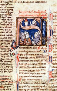 Ms 365 fol.350 Historiált kezdetű S, amely IX. Gergely pápát (1220-50) ábrázolja püspökökkel és apátokkal, IX. Gergely dekrétumaiból alkotó: French School