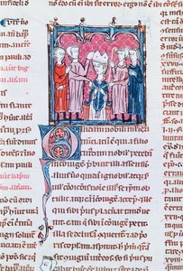 Ms 372 fol.158v Egy püspök trónra emelése, Decrets de Gratien alkotó: French School