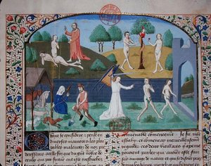 Ms 3878 Éva teremtése, Ádám és Éva megkísértése és kiűzése, a „Des cas des nobles hommes et femmes”-ből, Giovanni Boccaccio (1313-75) (vellum) alkotó: French School