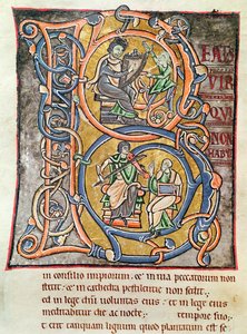 Ms 3 fol.255 Dávid királyt ábrázoló történeti „B” kezdőbetű a „Bible de Saint-Sulpice de Bourges”-ból alkotó: French School