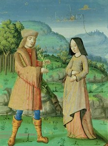 Ms 493 fol.123v Aeneas és Anne, Dido nővére találkozása Az Aeneisből Servius kommentárjával, 1469 alkotó: French School