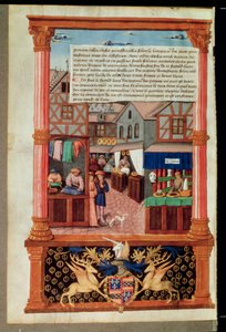 Ms 5062 fol.149v Utca üzletekkel és Robert Stuart, dAubigny Lucrece marshall címerével, a Livre de Gouvernement des Princestől, Gilles de Rome alkotó: French School