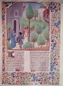 Ms 5064 fol.105r Fák ültetése, Livre des Prouffitz Champestresből, Pietro de Crescenzi (1230-132021) alkotó: French School