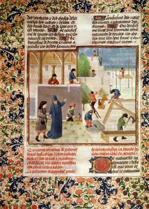 Ms 5064 fol.2v Házépítés, a Livre des Prouffitz Champestrestől, Pietro de Crescenzi (1230-132021) alkotó: French School