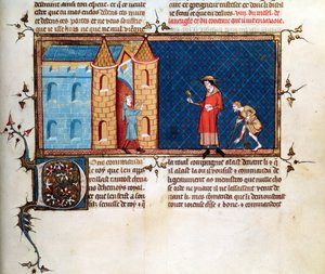 Ms 5080 fol.373r Két leprás kolduló, a Le Miroir Historialból, Vincent de Beauvais alkotó: French School