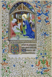 Ms 66 f.44r A Szűz és József imádják az újszülött Krisztust, az Órák könyvéből, Amiens alkotó: French School