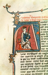 Ms 682 fol.17v Történelmi kezdetű A, amely egy ülő királyt ábrázol, aki kétélű kardot tart alkotó: French School