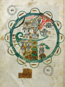Ms 782 fol.16v. Földgömb formájú világtérkép, miniatűr a Grandes Chroniques de Philippe le Harditól