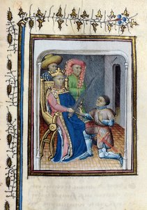 Ms 814 V. Károly (1338-80) visszaadja a főtiszt kardját Bertrand du Guesclinnek (kb. 1320-80) a Histoire de Du Guesclinből Cuvelier 15. század eleji költeménye után. alkotó: French School