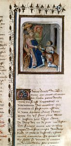 Ms 814 f.125r Bertrand du Guesclin (1320-80) a király által lovaggá ütött, a Histoire de Du Guesclinből alkotó: French School