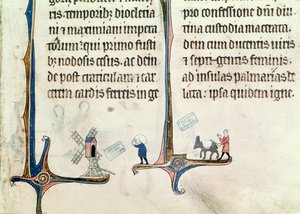 Ms 838 fol.55 Egy ember, aki a szamarát hajtja búzazsákokat cipelő szélmalomhoz, Obituaire de Notre Dame de Presből, 1270 után alkotó: French School