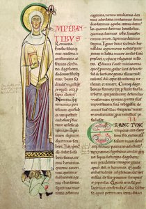 Ms 846 fol.137v Történeti kezdetű I, amely Szent Richrudiust ábrázol, a Recueil de Vie des Saints-ből alkotó: French School