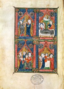 Ms 87 fol.16 Az Angyali üdvözlet, a születés, a mágusok imádása és a megtisztulás, Mahaut dArtois óráiból alkotó: French School