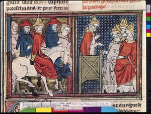 Ms Fr 22495 Fol.15 A Clermont-i Zsinat és II. Urbán pápa (1035-1099 körül) Franciaországba érkezése, Le Roman de Godefroi de Bouillon, 1337 alkotó: French School
