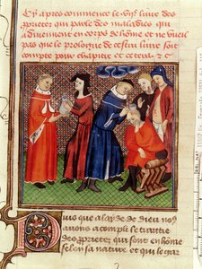 Ms Fr 22531 Fol.115 A vizeletvizsgálat és a sebek gyógyulása, Barthelemy lAnglais Le Livre des Proprietes des Choses című művéből, 1410-1415 körül alkotó: French School