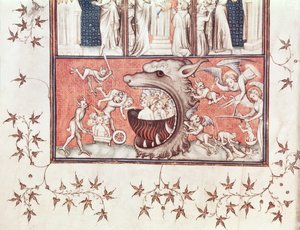 Ms Fr 22912 Fol.2v Részlet a pokolról, Szent Ágoston (354-430) "Isten városa" című művéből Raoul de Presles (1316-82) fordította, 1400-50 körül (vellum) alkotó: French School