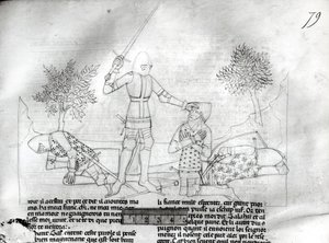 Ms Fr 343 f.79 Lovag felfegyverzése a csatatéren, Lancelot du Lac alkotó: French School