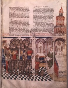 Ms Fr 343 fol. 7 A Szent Grál keresése és Arthur halála, a lovag letétele az esküt alkotó: French School