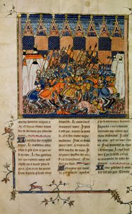 Ms Fr. 352 fol. 49v csatajelenet Godefroi de Bouillon életrajzából, A nyugati szentek története alkotó: French School