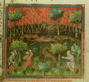 Ms Fr 616 fol.111 Farkasvadászat hálók segítségével, a Livre de la Chasse-ból, Gaston Phebus de Foix (1331-91) alkotó: French School