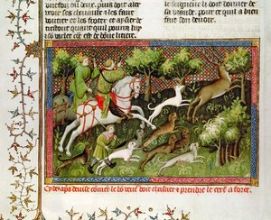 Ms Fr 616 fol.77 Szarvasvadászat, Gaston Phebus de Foix (1331-91) Vadászkönyvéből