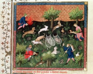 Ms Fr 616 fol.92 Nyulak vadászata, a Livre de la Chasse-ból, Gaston Phebus de Foix (1331-91), 15. század vége alkotó: French School