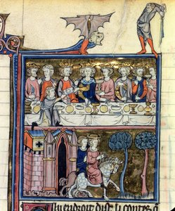 Ms Fr 95 f.326 Arthur király és lovagjai az asztal körül, lHistoire de Merlin, 1280-90 körül alkotó: French School