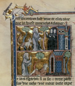 Ms Fr 95 f.4v Remete és vadállat, lHistoire du Saint Graal, 1280-90 körül alkotó: French School