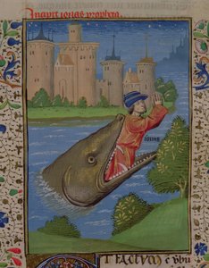 Ms H 7 f.111r Jonah and the Whale, Jean XXII. Bibliájából alkotó: French School
