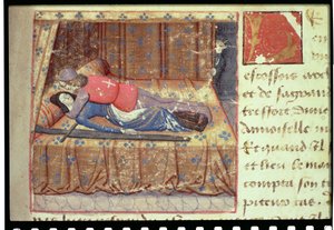Ms Hunter 252 f.12r Ágyjelenet, a "Les Cent Nouvelles Nouvelles"-ből. alkotó: French School