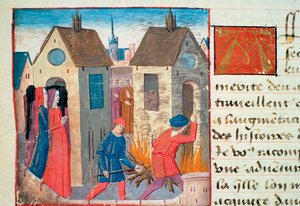 Ms Hunter 252 f.75v Ház felgyújtása, Les Cent Nouvelles Nouvelles, 1462 alkotó: French School