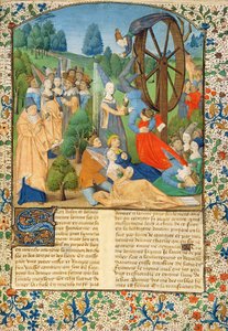 Ms Hunter 371 f.1r Fortuna asszony és a kerékről leeső áldozatok, Boccaccio "A hercegek bukása" című művéből. alkotó: French School