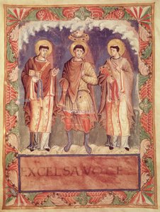 Ms Lat 1141 fol.2v II. Károly (823-877) megkoronázása Reims és Treves érsekkel, a Sacrementaire de Metzből (lásd még: 159999) alkotó: French School