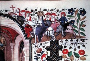 Ms Lat 1156b Fol.167 Részlet a pápáról az öszvérén kíséretével, Szent Péter illusztrációjából, Marguerite d