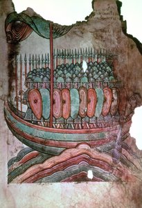 Ms Lat 1390 fol.7 normann katonák átkelve az Angol csatornán, La Vie de Saint Aubin dAngers felől alkotó: French School