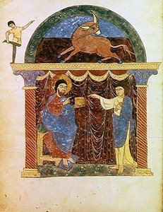 Ms Lat 8878 fol.3v Jézus bemutatja az evangéliumot Szent Lukácsnak, Liebanai Beatus asztúriai szerzetes kommentárjából az Apokalipszishez (776 körül) 1028-72 körül (vellum) alkotó: French School