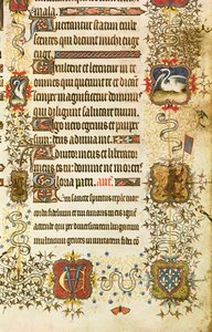 Ms Lat 919 fol.96 Címer- és állatdísz részlet, Szent Pétertől. Jean de France (1340-1416) Berry hercege a Paradicsomba vezet, a Grandes Heures de Duc de Berry-től alkotó: French School