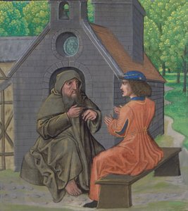 Ms Royal 14 E. 11, f.338 A remete oktatja a lovagot, a „Chemin de Valliance és művek francia versben és prózában”, 1475 körül (vellum) alkotó: French School
