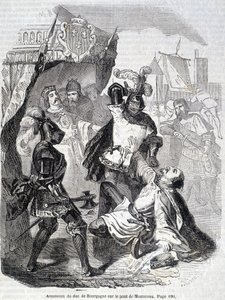 Burgundia hercegének (Jean sans peur) meggyilkolása a montereau-i hídon 1419-ben – L.-P. „Histoire de France”-ban. Anquetil alkotó: French School
